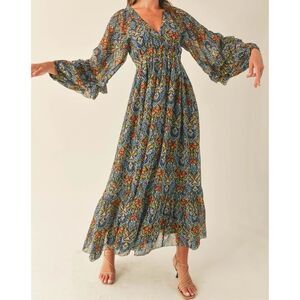 NWT Reset By Jane Esmeralda Bohemian Balloon Sleeve Maxi Open Back Dress Small